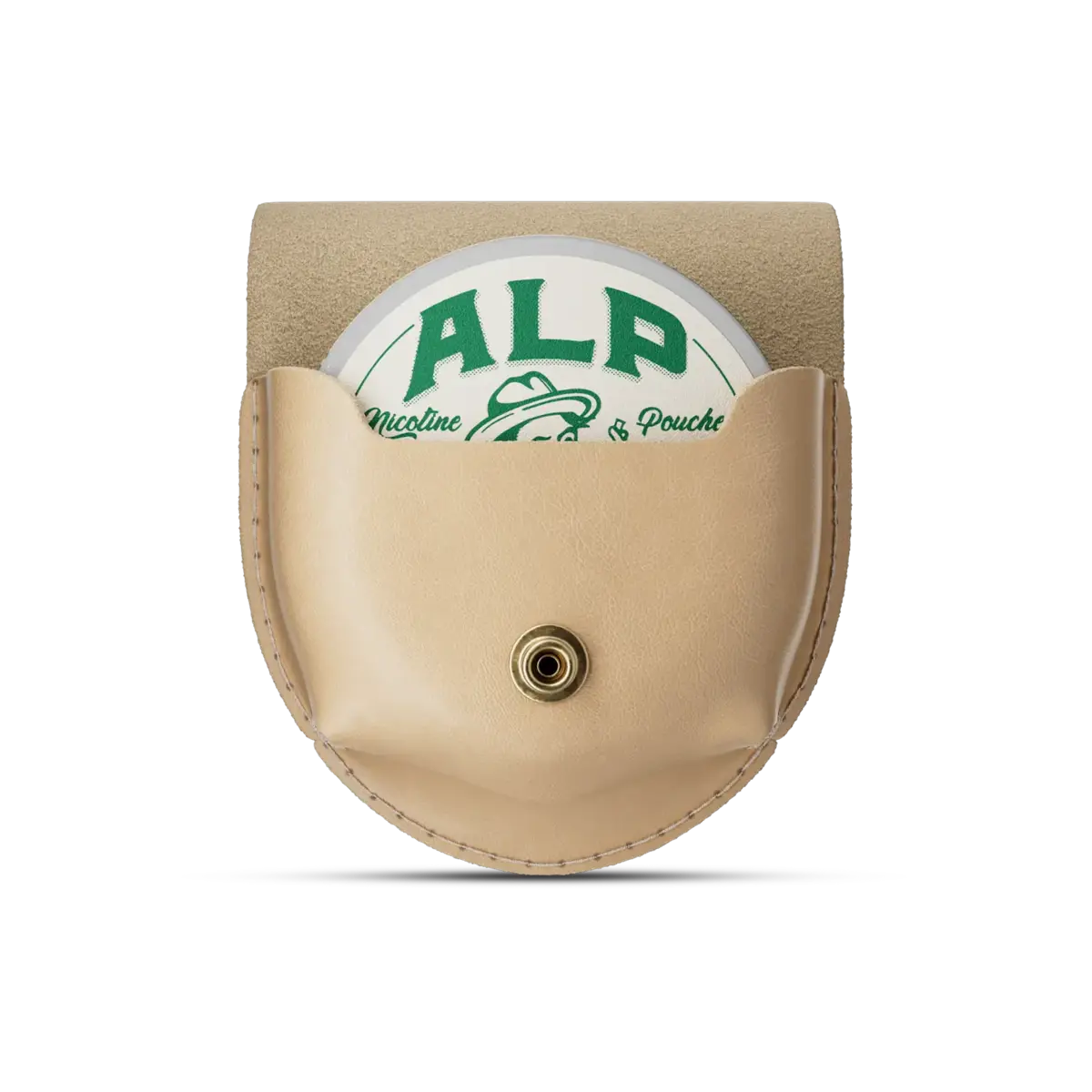 Organic nicotine pouch in a tan leather case with snap closure and visible ALP branding on the container.