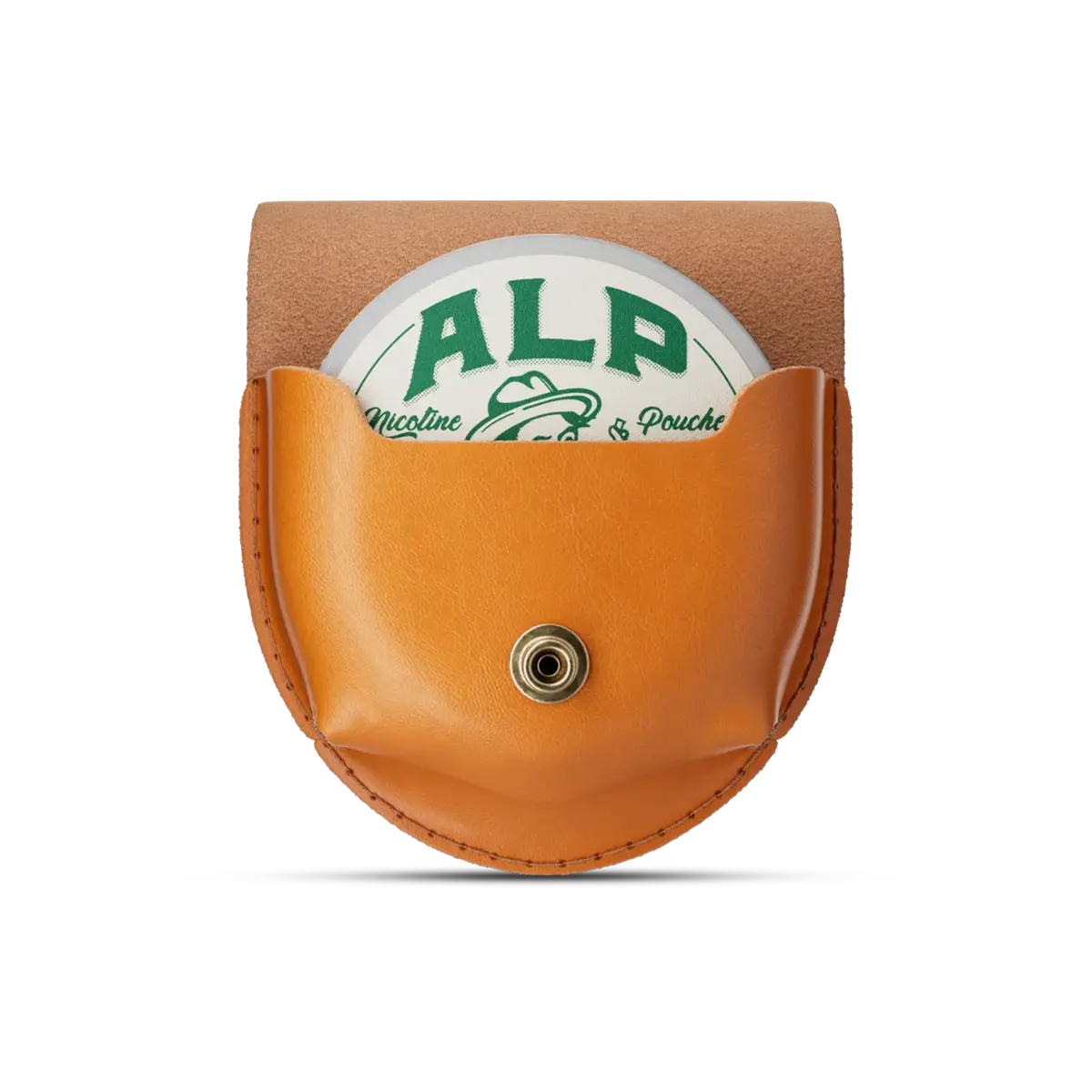 Nicotine pouch container partially visible inside a closed tan leather carrying case with button snap closure.