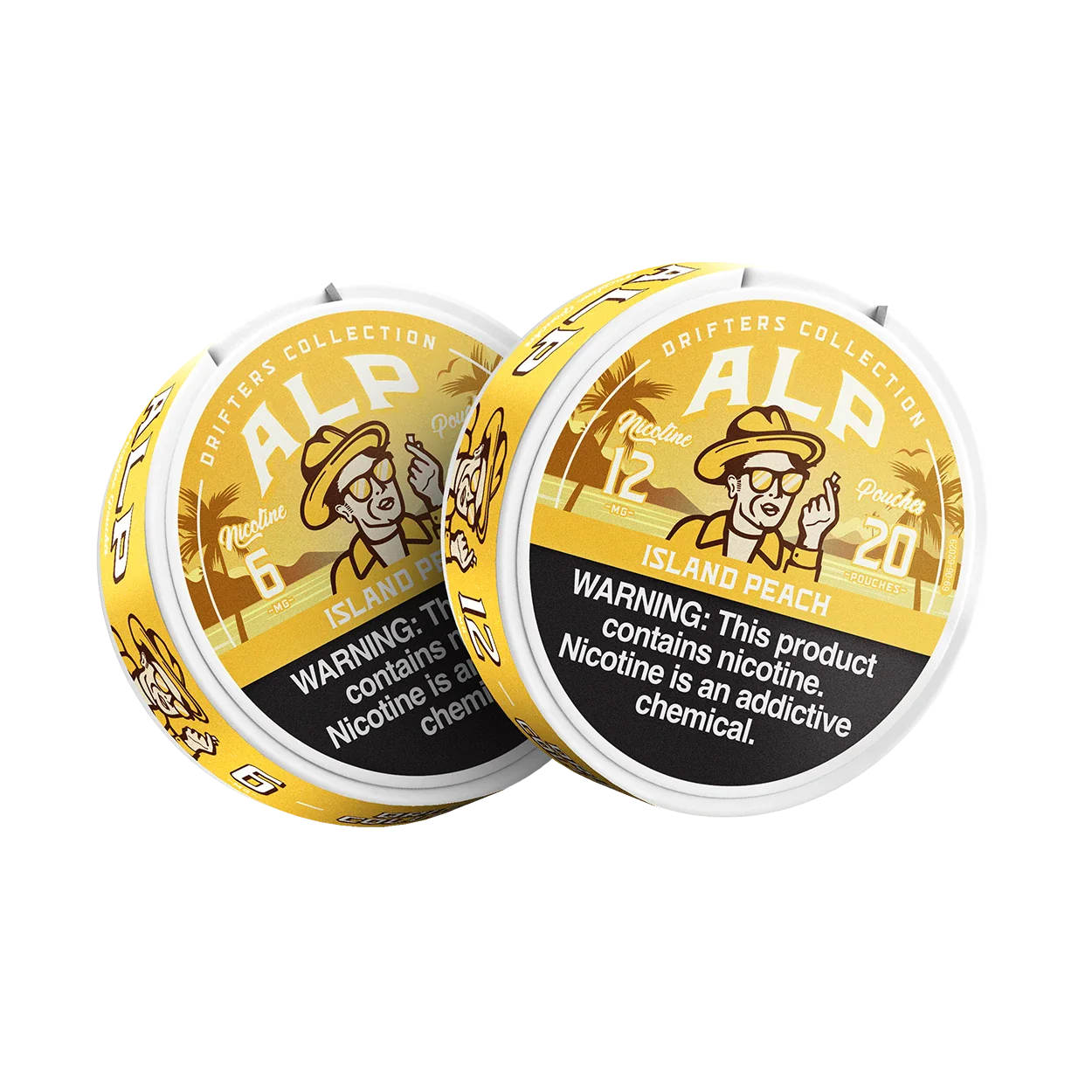 Two ALP Island Peach nicotine pouch tins in 6mg and 12mg strengths side by side with yellow tropical design.