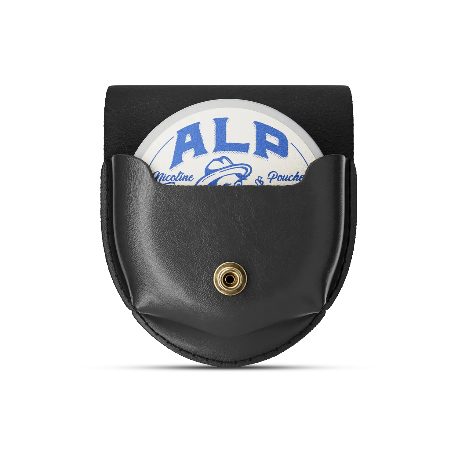 Nicotine pouch container labeled "ALP" partially visible inside a black leather snap pouch with a gold button closure.