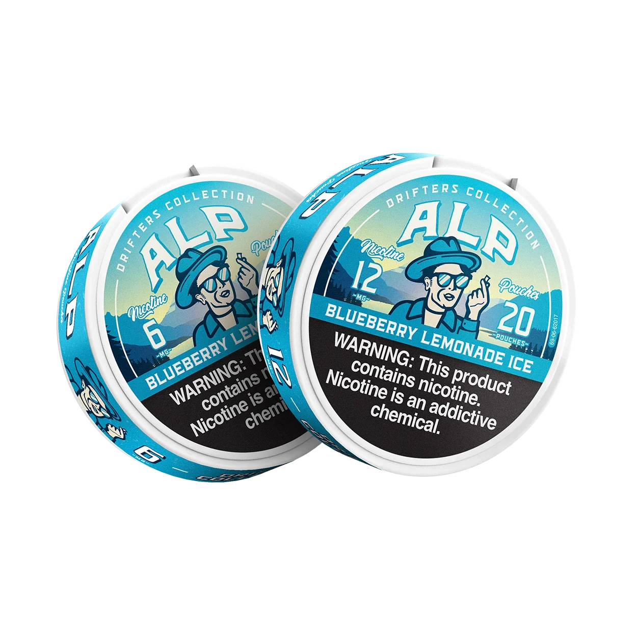Two ALP Blueberry Lemonade Ice nicotine pouch tins in 6mg and 12mg strengths side by side.