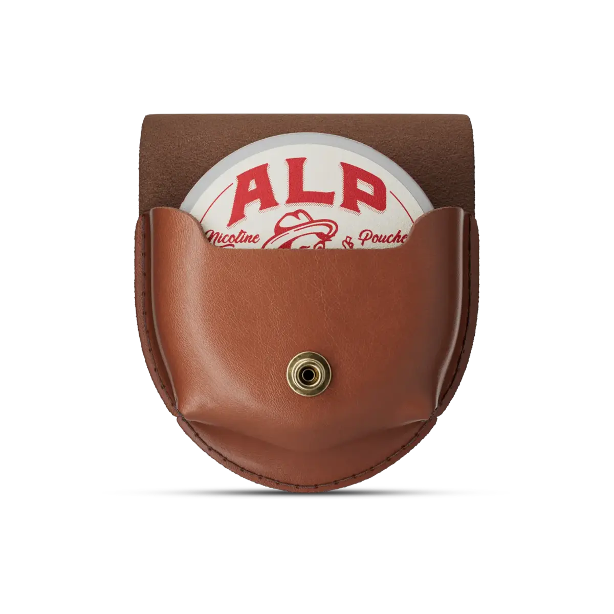 Tobacco-free nicotine pouch labeled "ALP" in red, stored in a brown leather carrying case with a brass snap button.