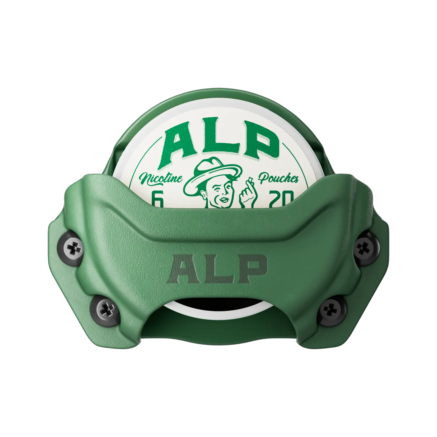 Flavored nicotine pouch canister secured in a green ALP-branded tactical holder with bold green label and rugged design.