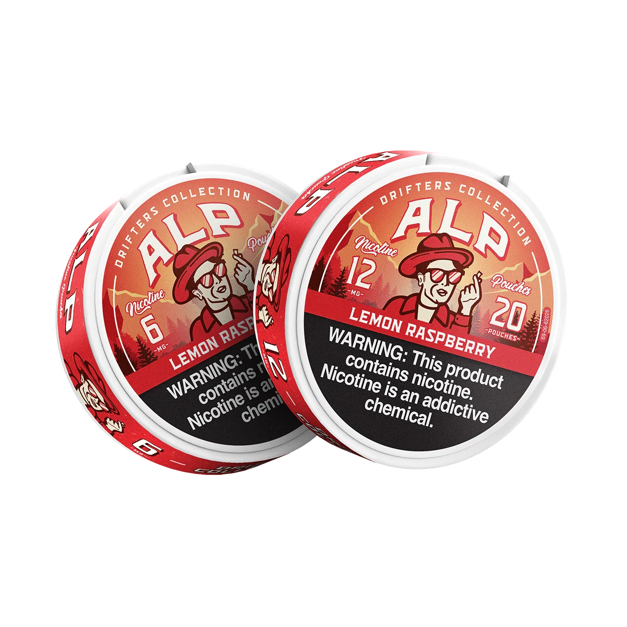 Two ALP Lemon Raspberry nicotine pouch tins in 6mg and 12mg strengths side by side with red Drifters Collection design.