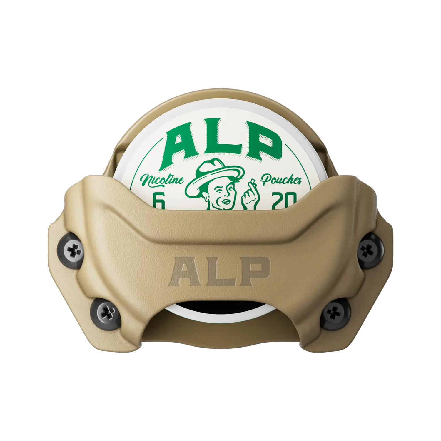 Mint nicotine pouch canister secured in a tan ALP-branded tactical holder with green logo and rugged design.