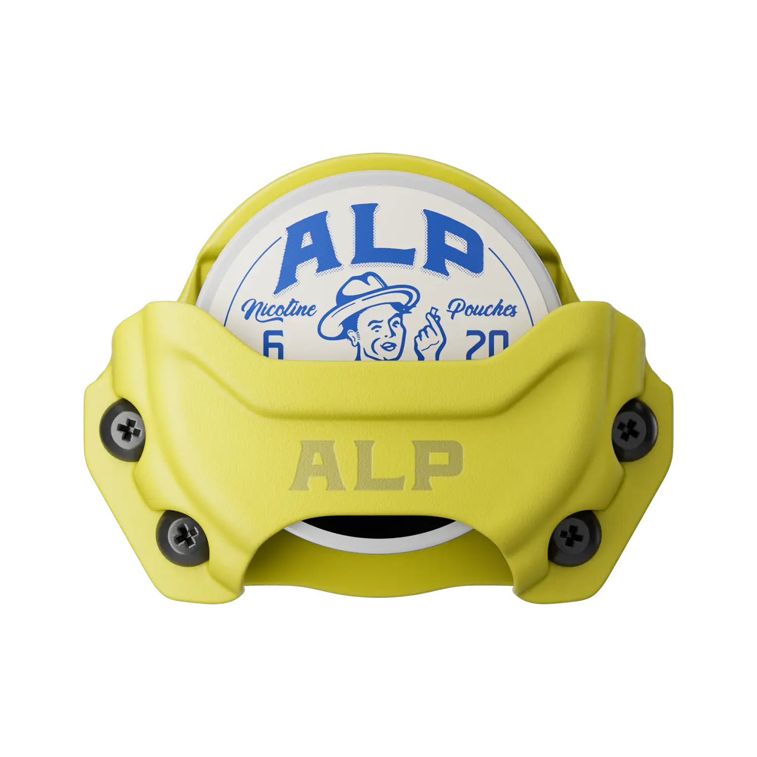 Tobacco-free nicotine pouch canister held in a bright yellow ALP-branded holder with visible screws and bold blue label.
