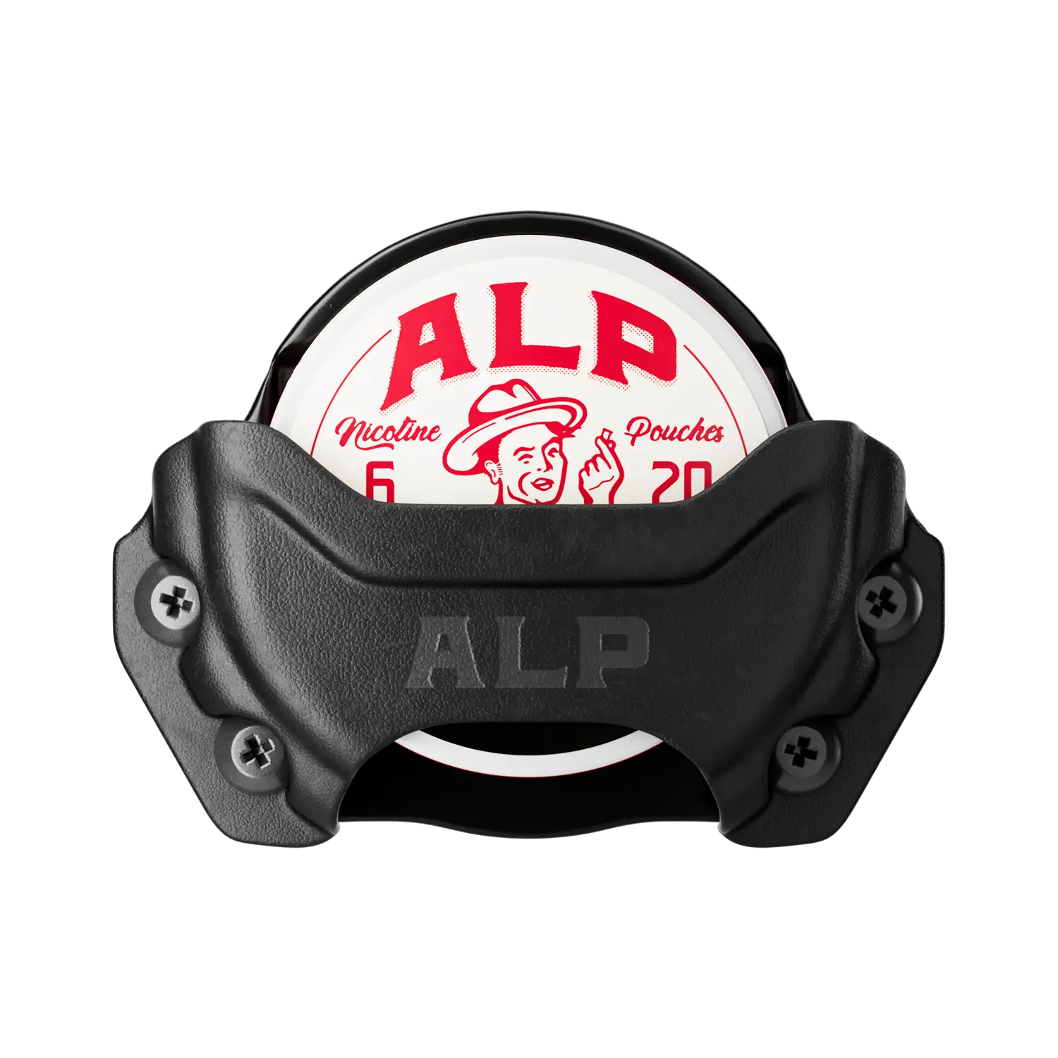 Organic nicotine pouch canister with red branding secured in a rugged black ALP holder with visible screw details.