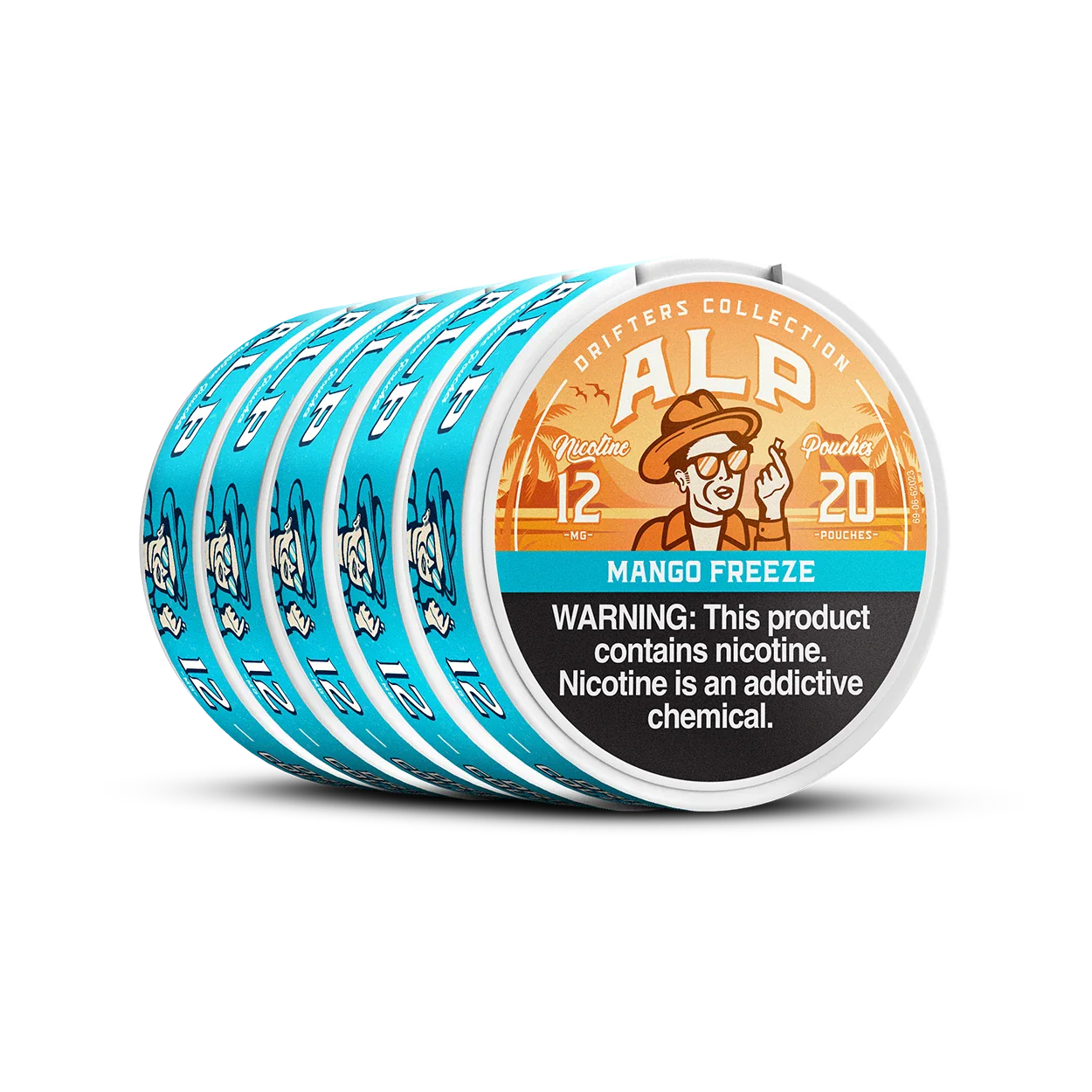 Angled stack of five ALP Mango Freeze nicotine pouch tins showing lid and teal side labels.