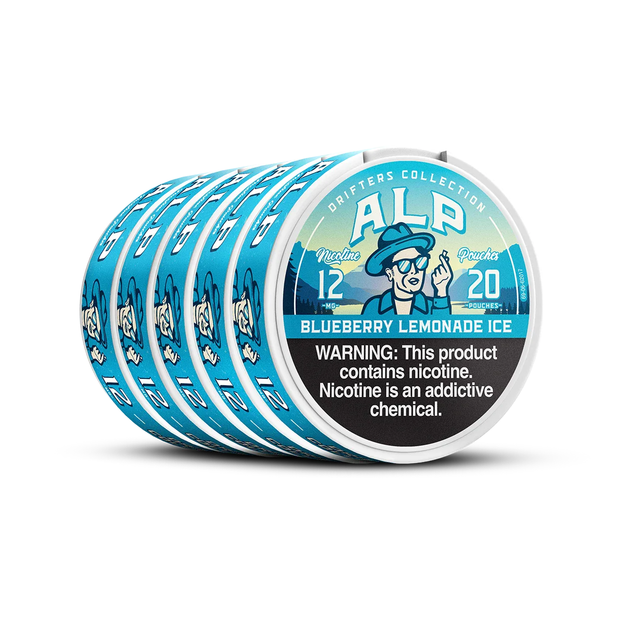 Angled stack of five ALP Blueberry Lemonade Ice nicotine pouch tins showing lid and blue side labels.