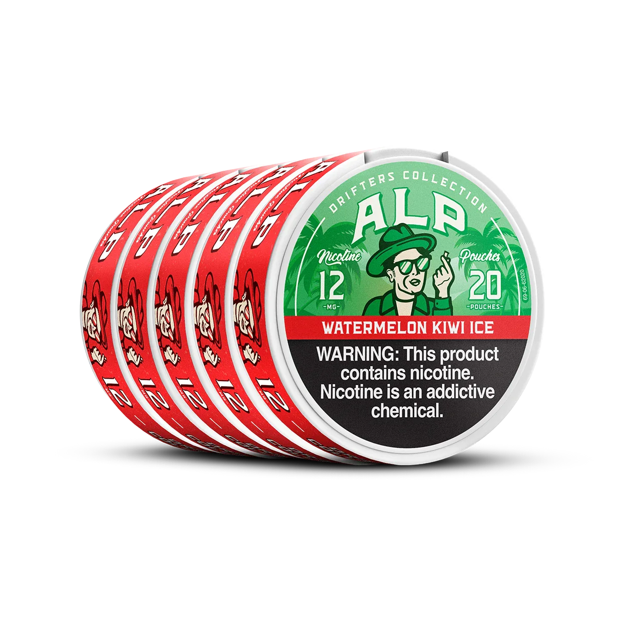 Angled stack of five ALP Watermelon Kiwi Ice nicotine pouch tins showing lid and red side labels.