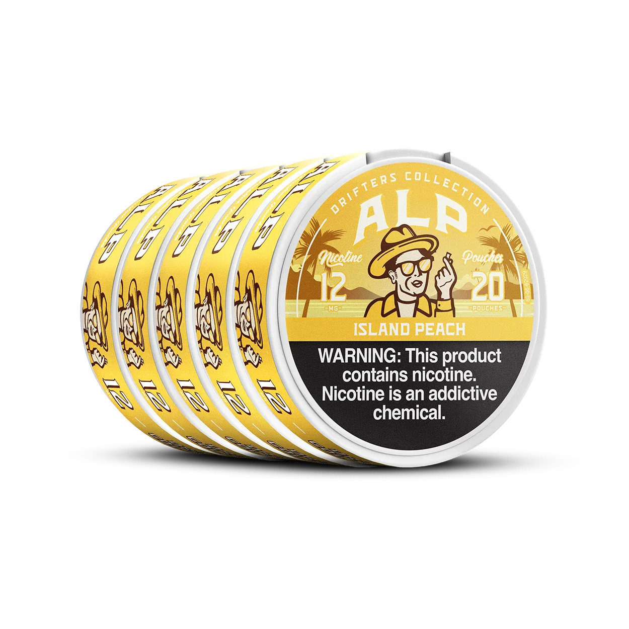 Angled stack of five ALP Island Peach nicotine pouch tins showing lid and yellow side labels.