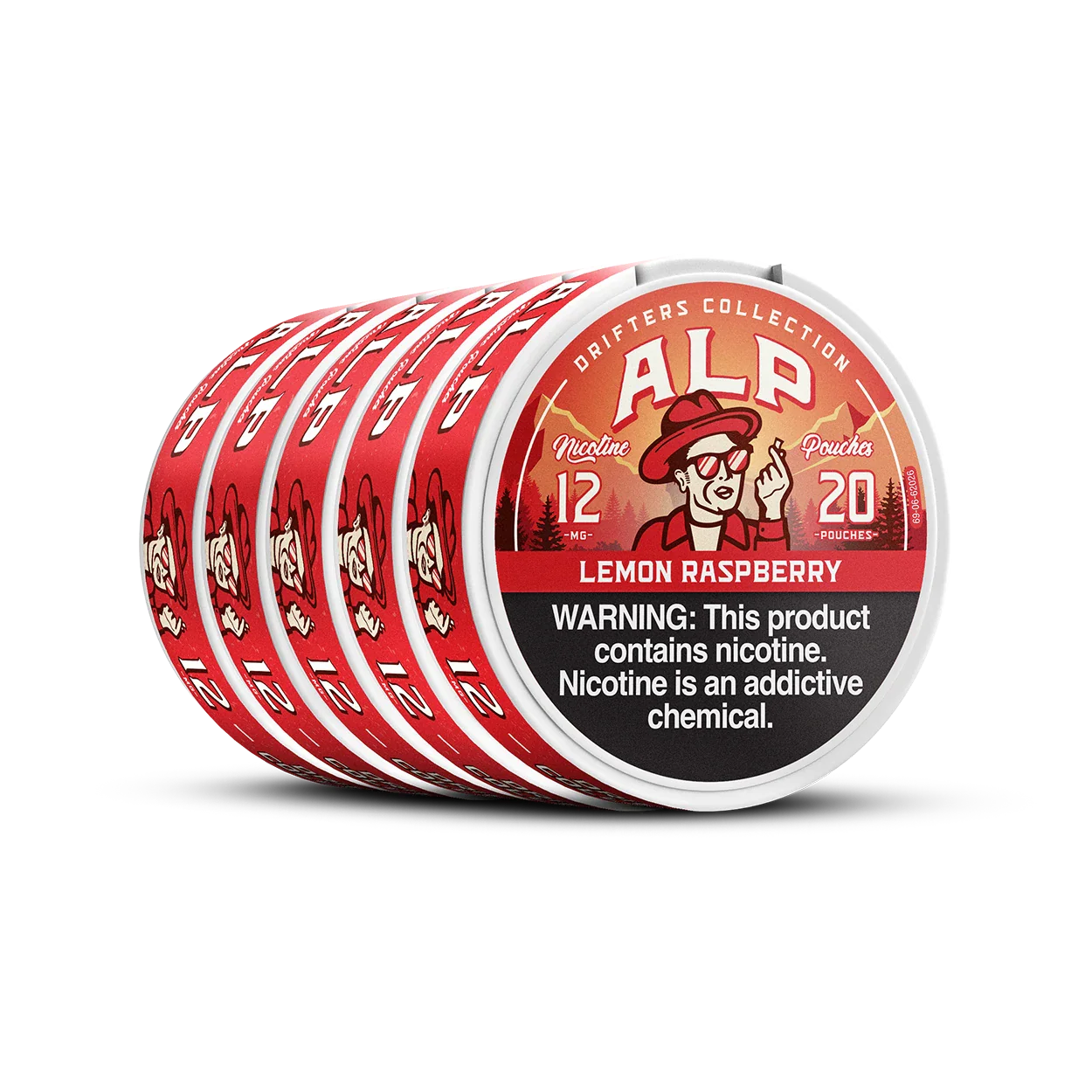 Angled stack of five ALP Lemon Raspberry 12mg nicotine pouch tins showing Drifters Collection lid design and red side labels.