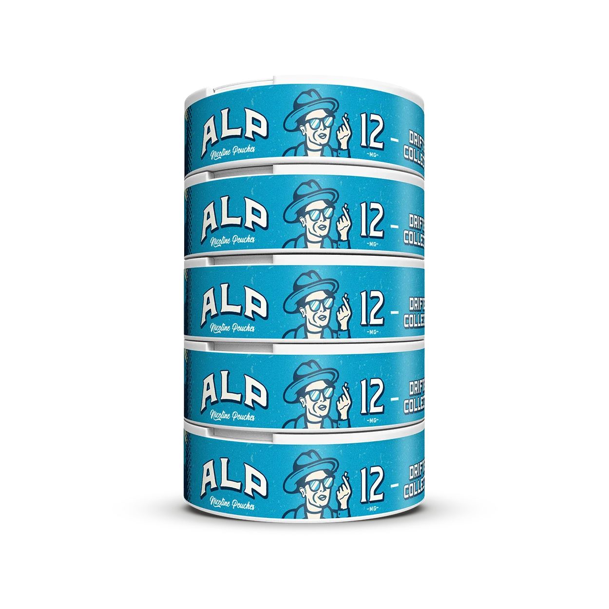 Stack of five blue ALP Blueberry Lemonade Ice 12mg nicotine pouch tins showing side branding.