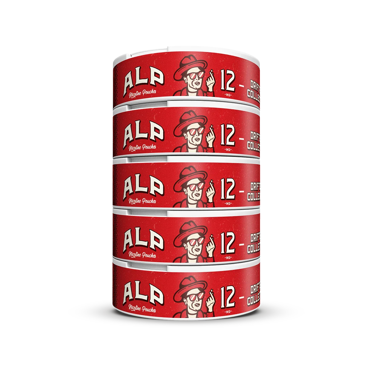 Stack of five red ALP Lemon Raspberry 12mg nicotine pouch tins showing side branding.