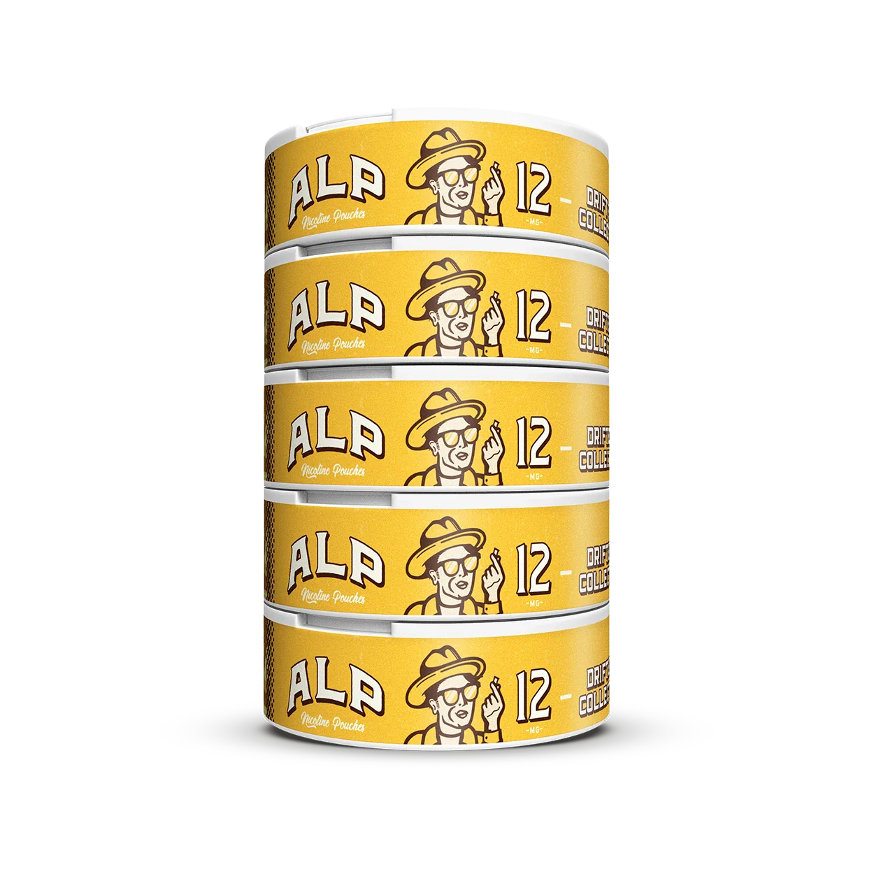 Stack of five yellow ALP Island Peach 12mg nicotine pouch tins showing side branding and Drifters Collection design.