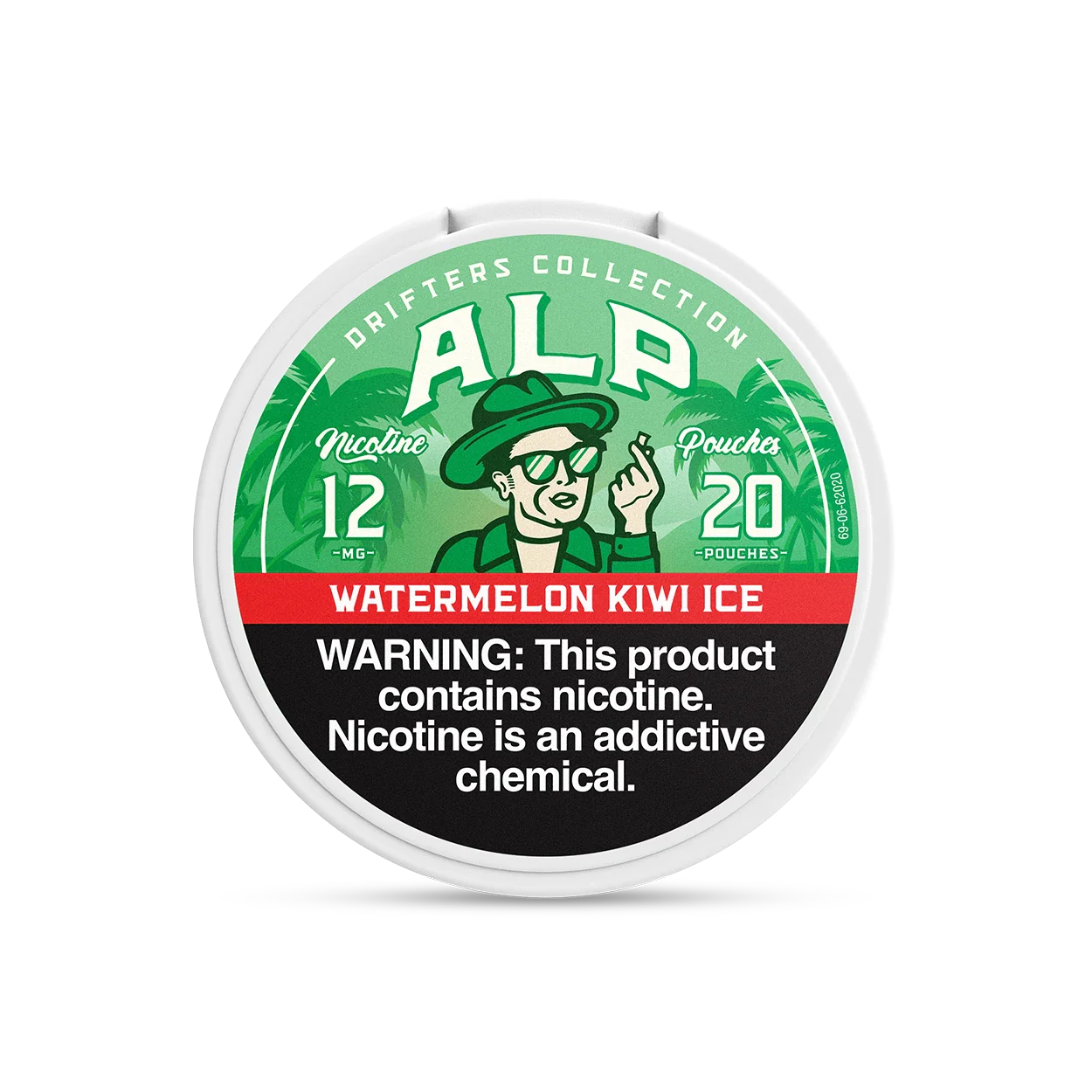 ALP Watermelon Kiwi Ice nicotine pouch tin front view with 12mg strength and Drifters Collection branding.