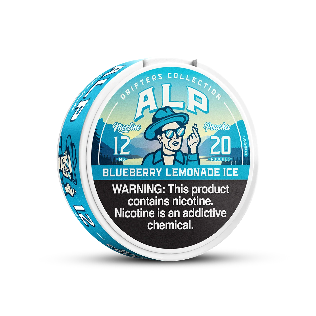 ALP Blueberry Lemonade Ice nicotine pouch tin front view with 12mg strength and blue Drifters Collection branding.
