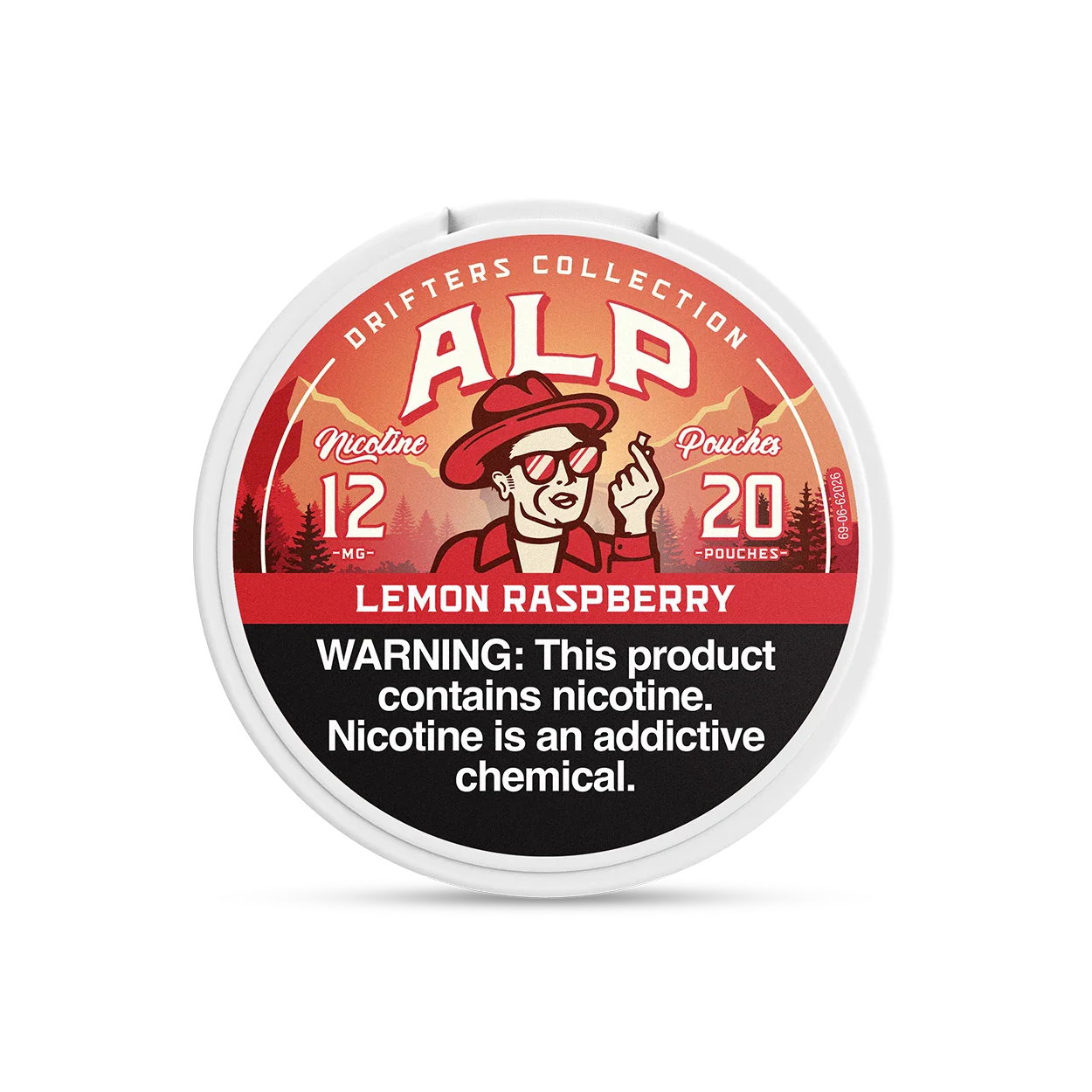 ALP Lemon Raspberry nicotine pouch tin front view with 12mg strength and red forest Drifters Collection design.