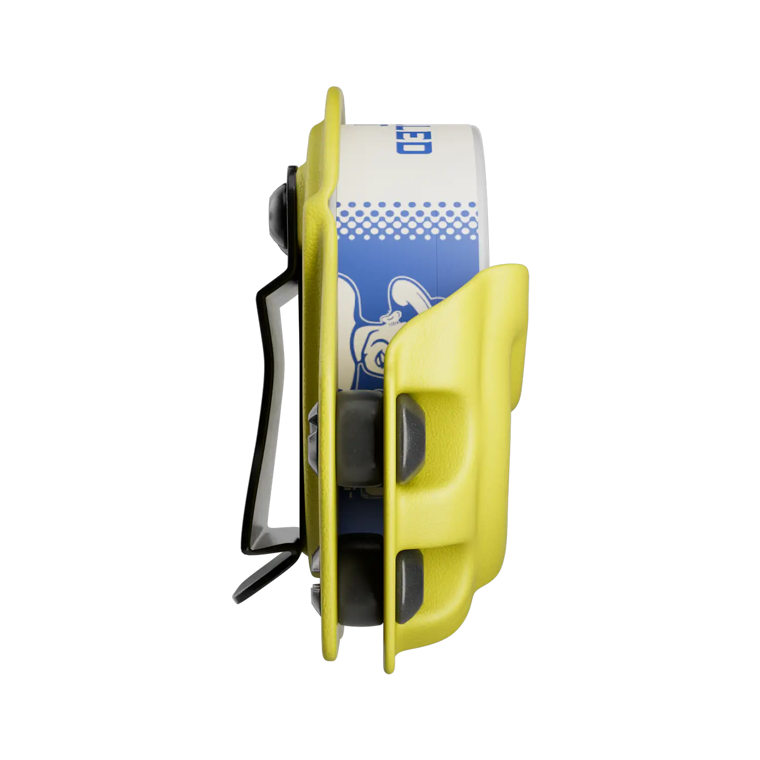 Nicotine pouch canister secured in a side-profile view of a yellow ALP-branded hard-shell tactical holder.