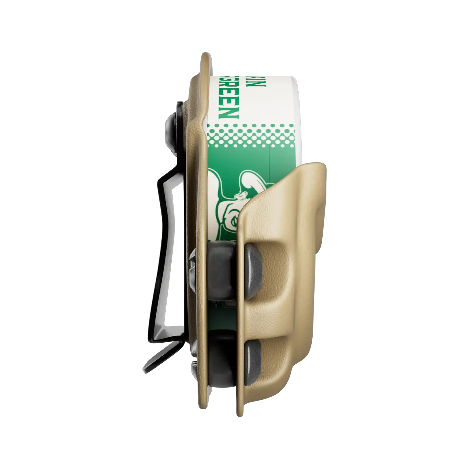 Oral nicotine pouch canister in a tan ALP tactical holder with side clip and visible green wintergreen label.