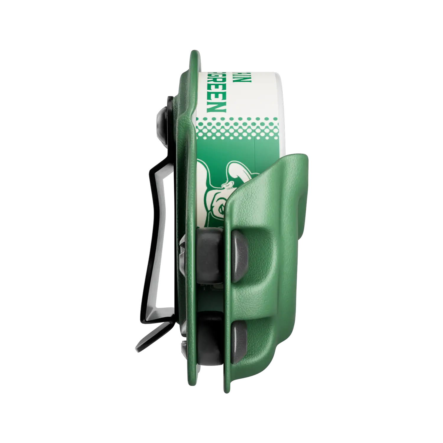 Nicotine pouch canister shown in side profile secured in a green ALP tactical holder with clip and visible label.