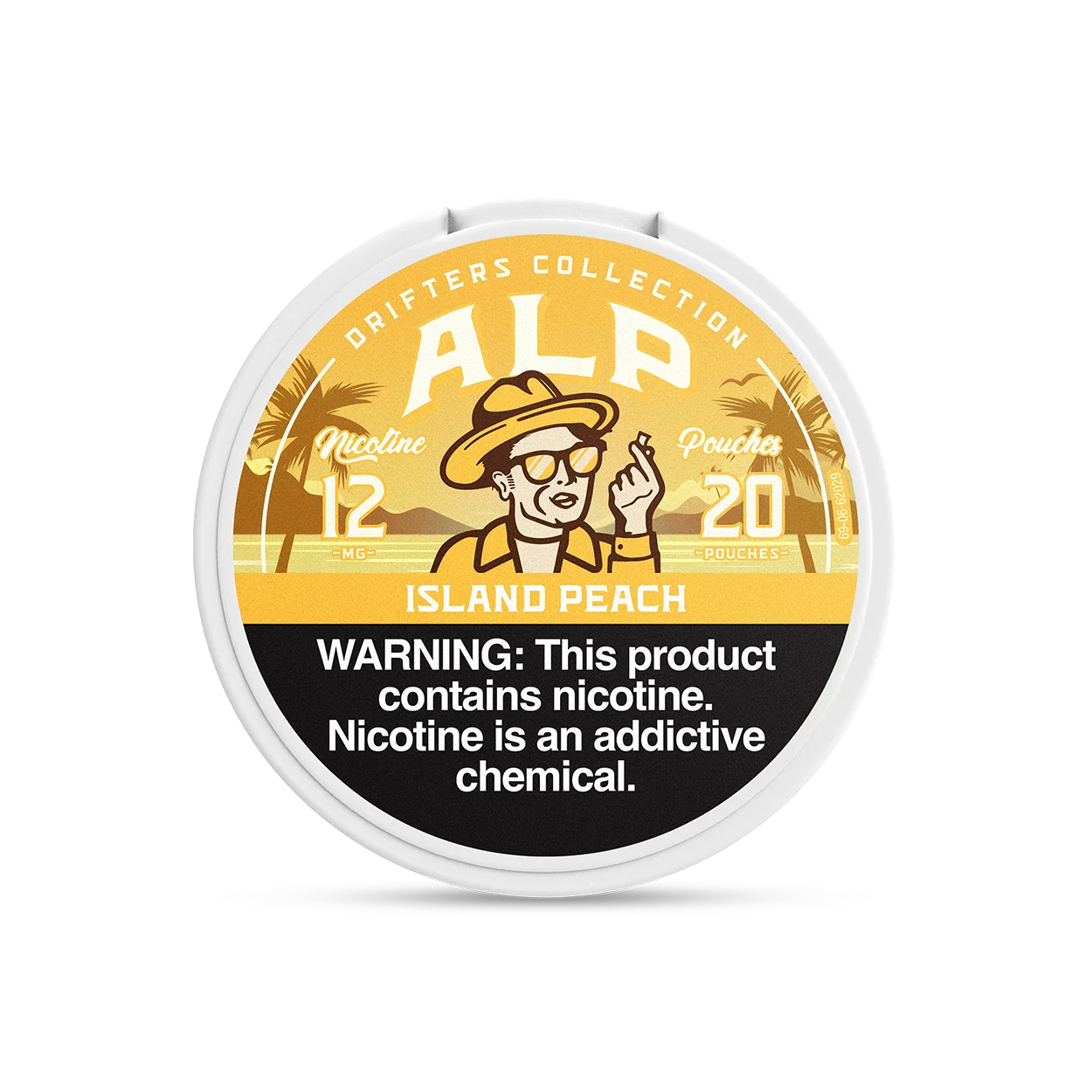 ALP Island Peach nicotine pouch tin front view with 12mg strength and yellow tropical Drifters Collection branding.