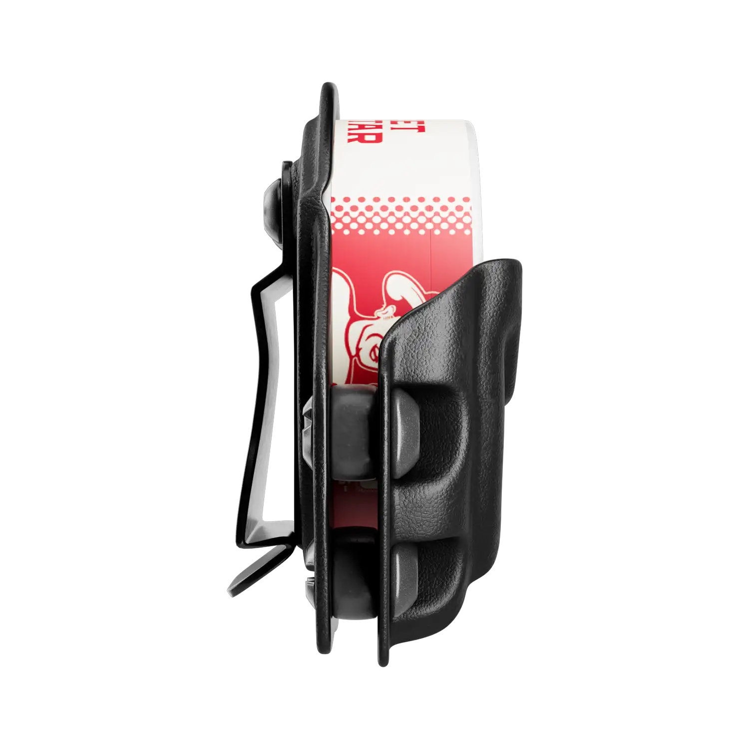 Nicotine pouch canister in a side view secured by a black ALP tactical holder with visible clip and fasteners.