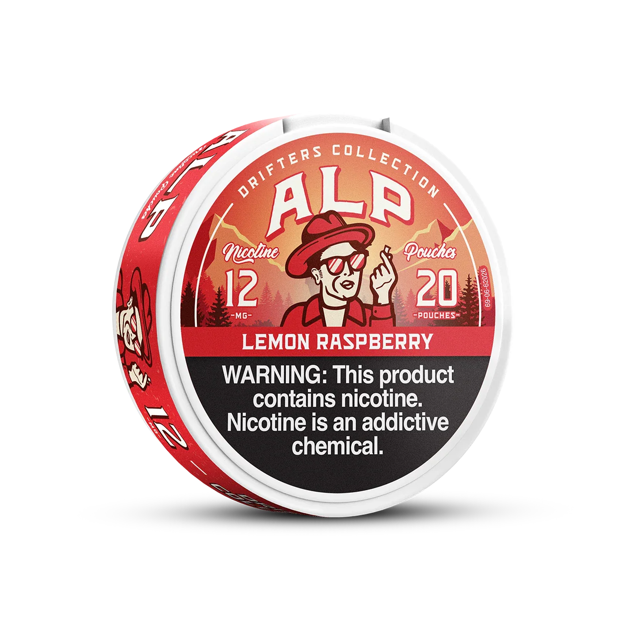 ALP Lemon Raspberry 12mg nicotine pouch tin lid view showing red Drifters Collection mountain design.