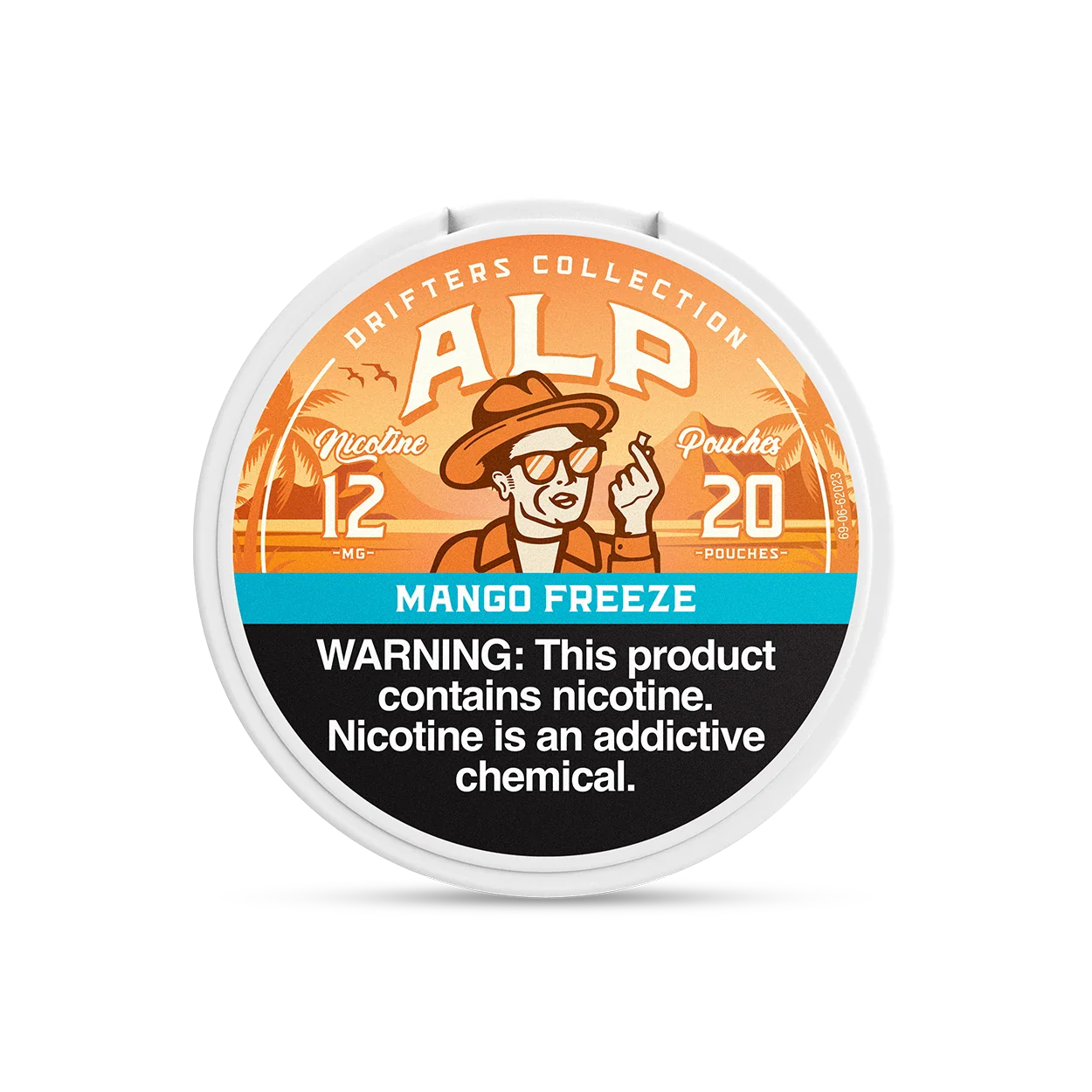 ALP Mango Freeze nicotine pouch tin front view with 12mg strength and orange tropical Drifters Collection design.