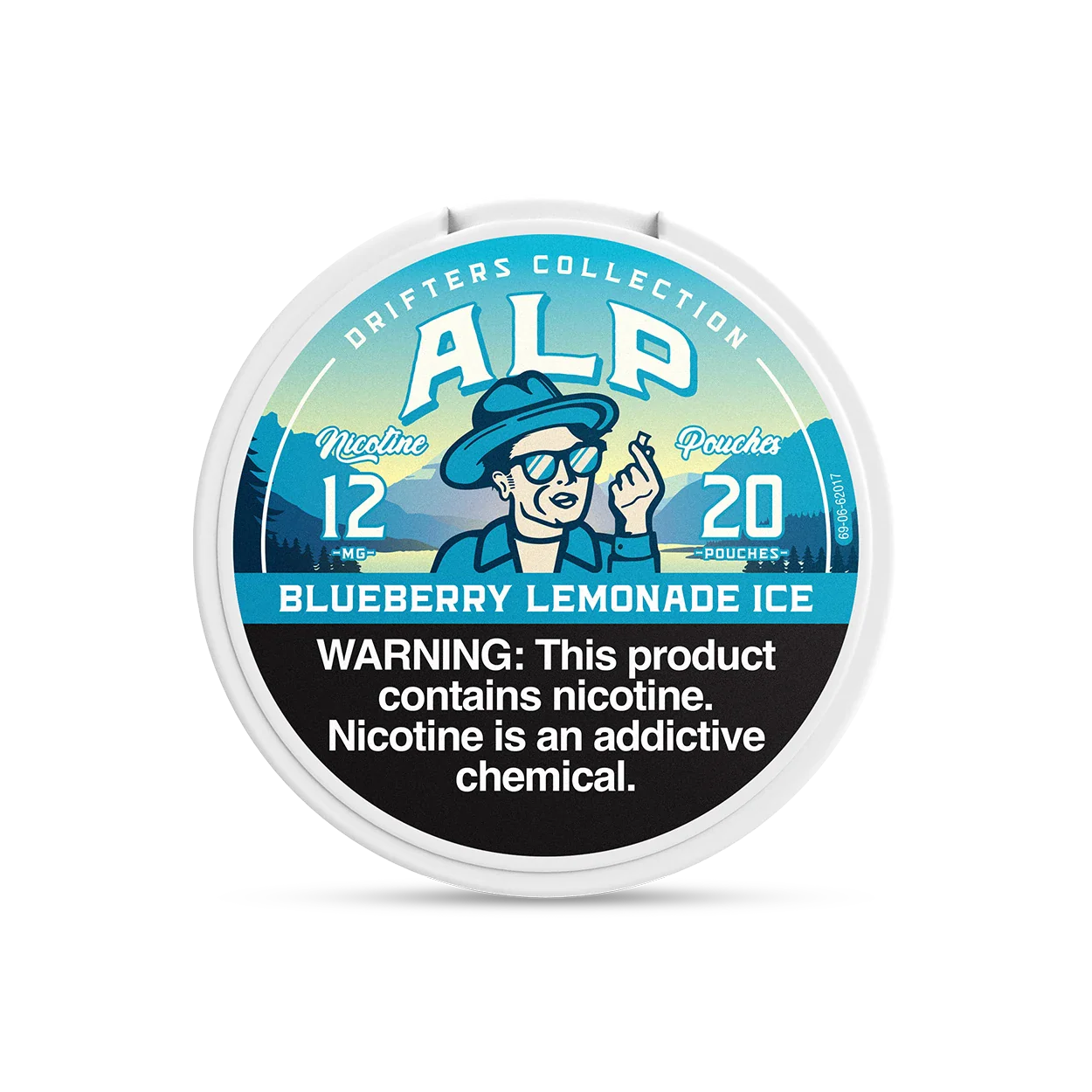 ALP Blueberry Lemonade Ice 12mg nicotine pouch tin lid view showing blue mountain Drifters Collection design.