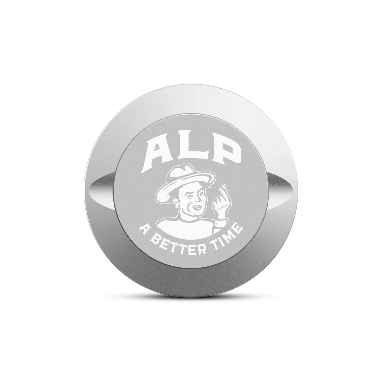 Tobacco-free nicotine pouches stored in a sleek silver ALP-branded container labeled “A Better Time.”