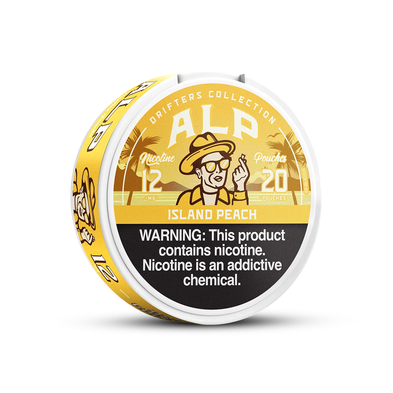 ALP Island Peach 12mg nicotine pouch tin lid view showing yellow tropical Drifters Collection design.
