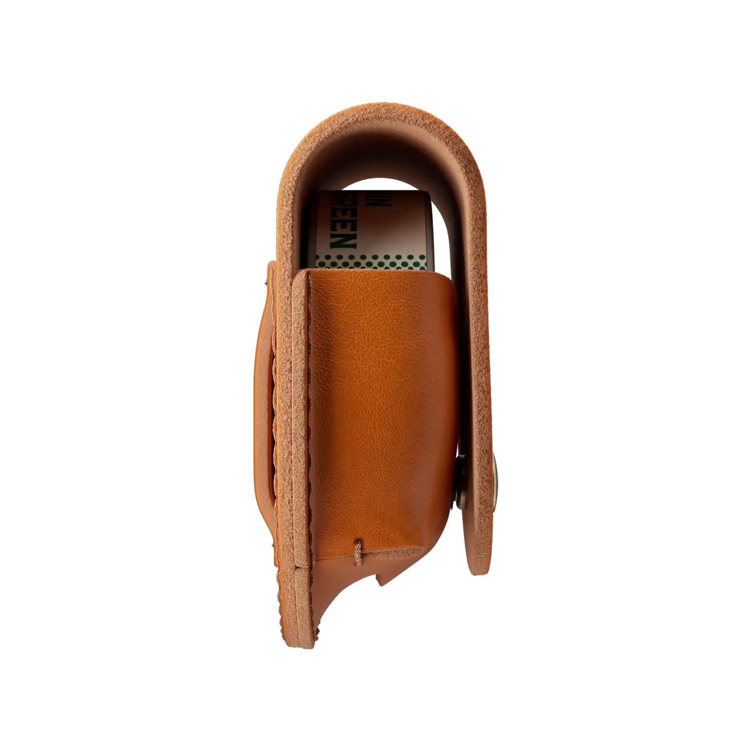 Tobaccoless nicotine pouch canister partially visible inside a rich tan leather case with stitched edges and curved flap.