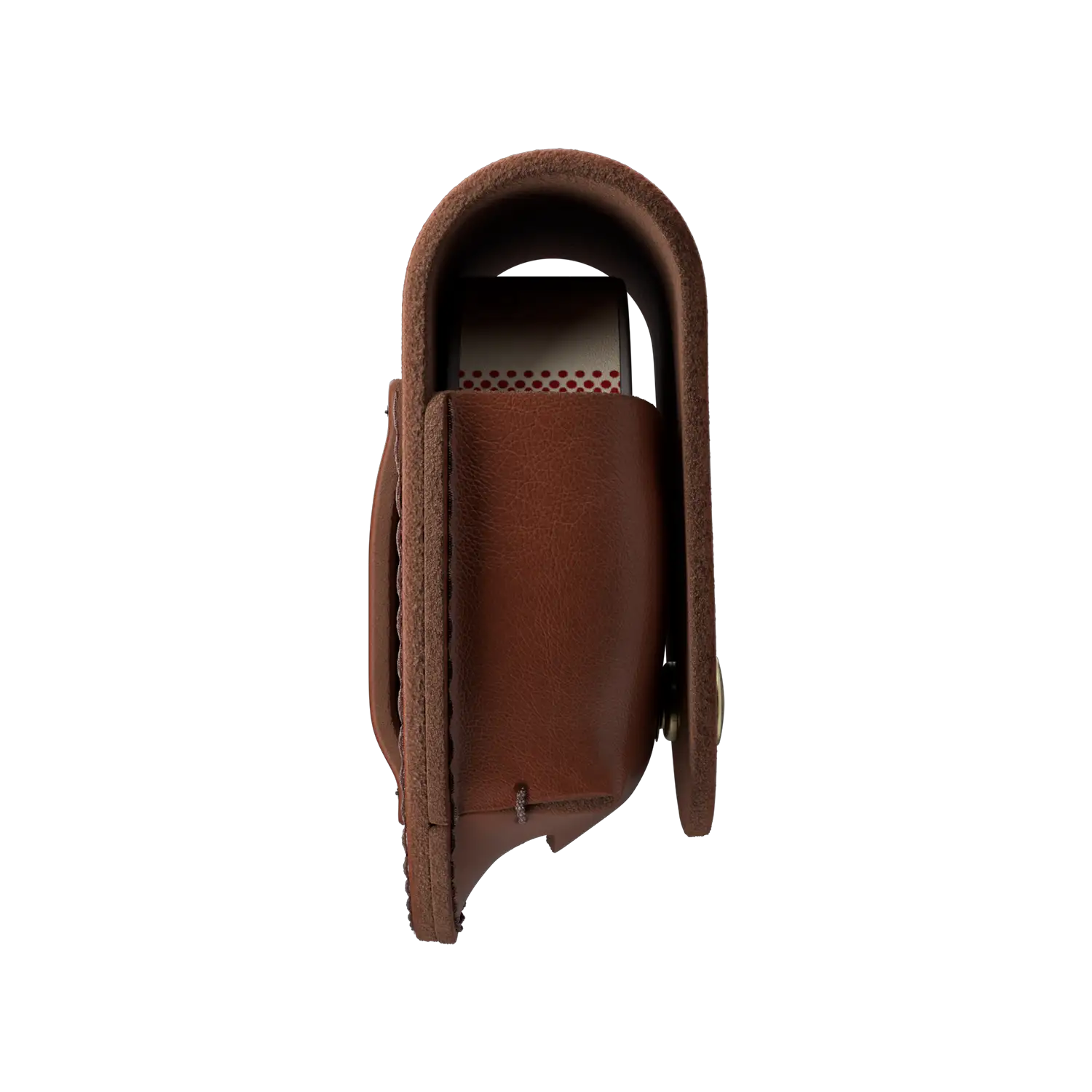 Nicotine pouch canister partially visible inside a brown leather case with curved stitching and flap closure.