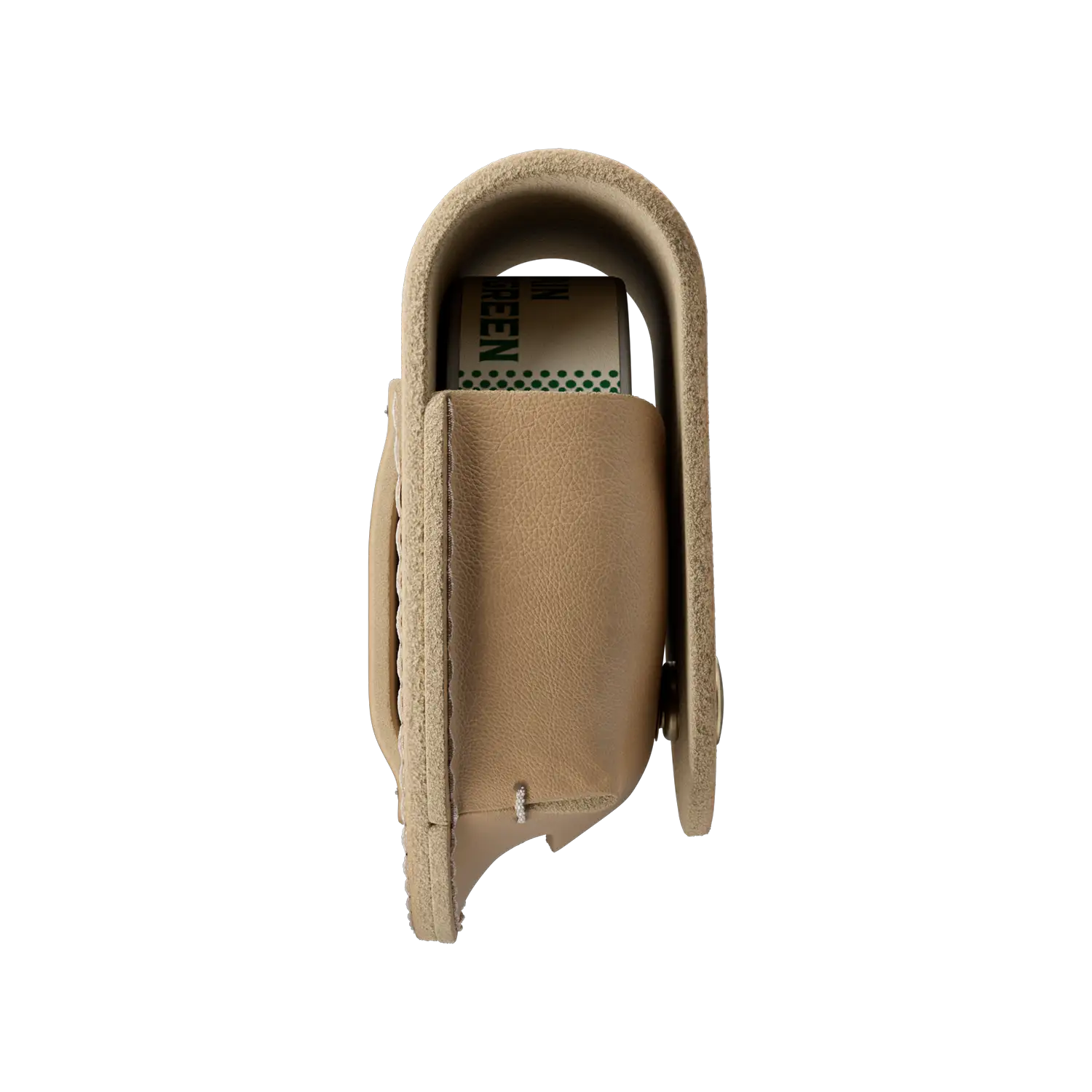 Snus nicotine pouch canister partially visible inside a light tan leather case with stitched edges and curved flap design.