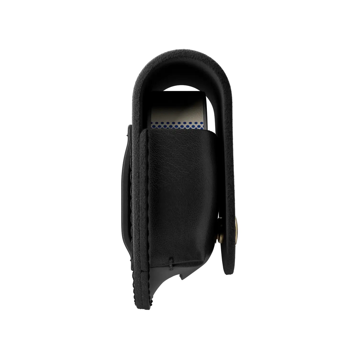 Oral nicotine pouch canister partially visible inside a black leather carrying case with side stitching and snap closure.