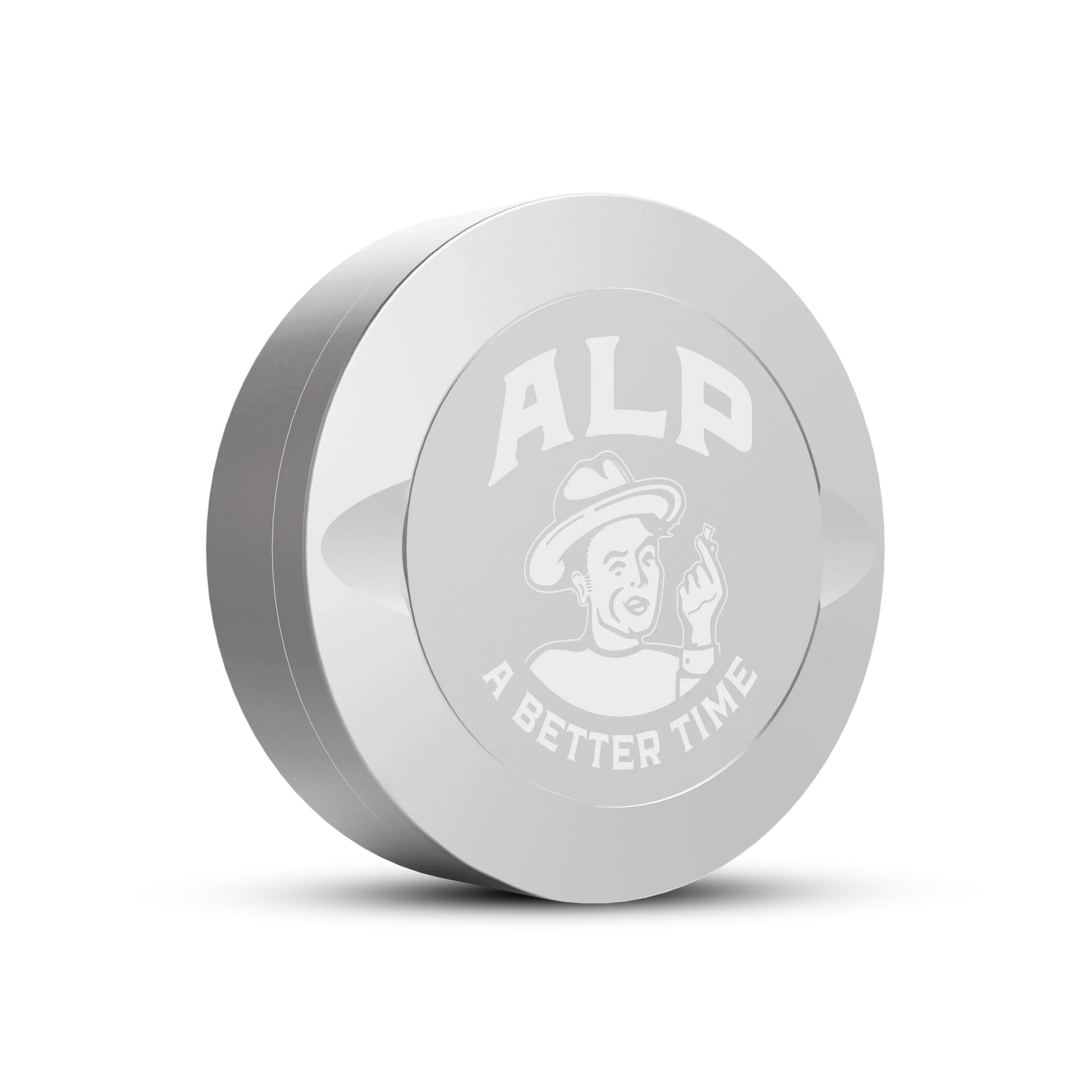 Longest-lasting nicotine pouch container with ALP branding in a sleek, round silver case labeled “A Better Time.”