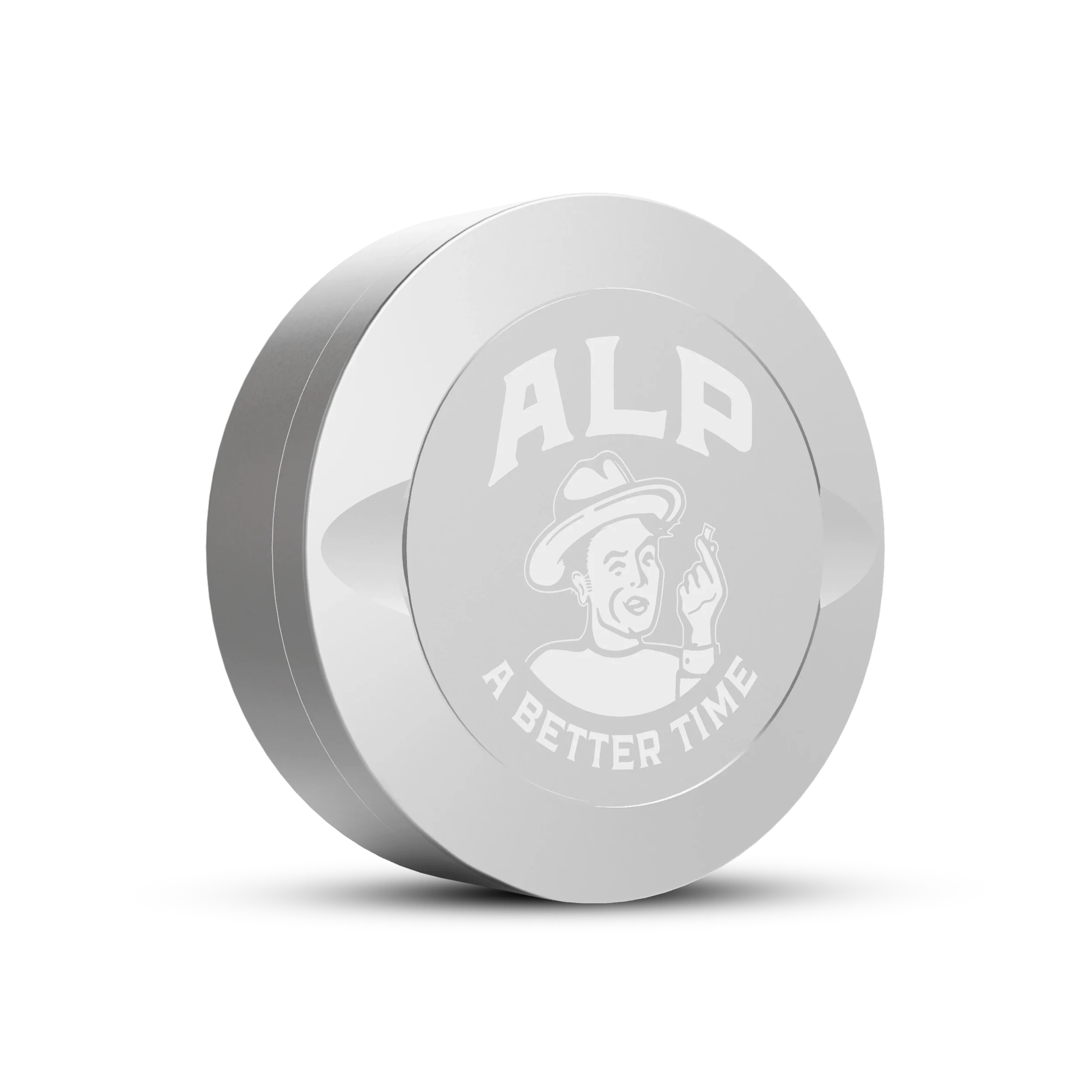 Longest-lasting nicotine pouch container with ALP branding in a sleek, round silver case labeled “A Better Time.”