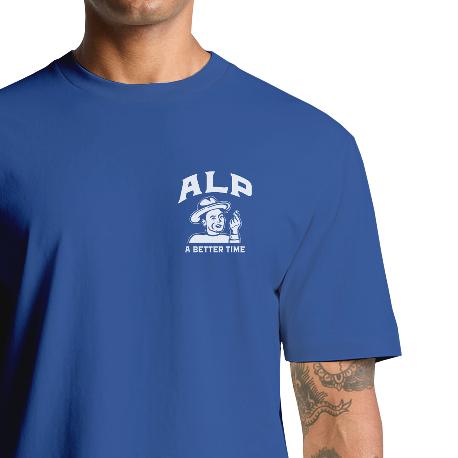 Blue T-shirt with ALP logo and tagline "A Better Time," representing the ALP brand for buying nicotine pouches online.