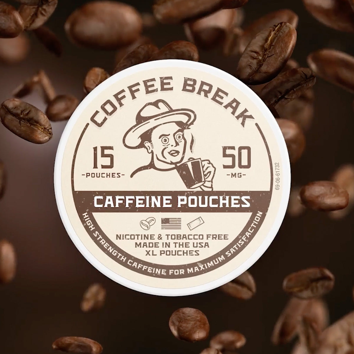 Tobacco-free nicotine pouch alternative labeled “Coffee Break” caffeine pouches with 15 XL pouches and 50mg strength.