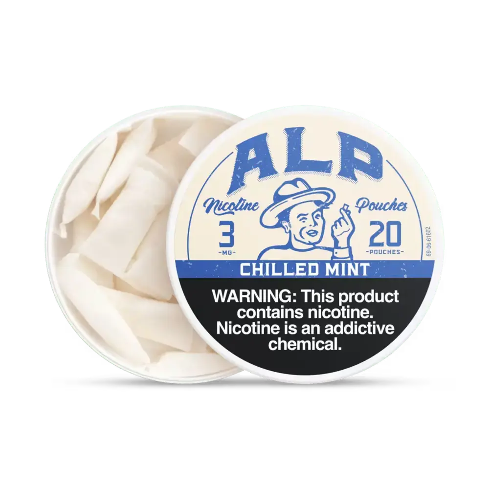 ALP mint nicotine pouches in a 20-count container, 3 mg strength, with warning label displayed