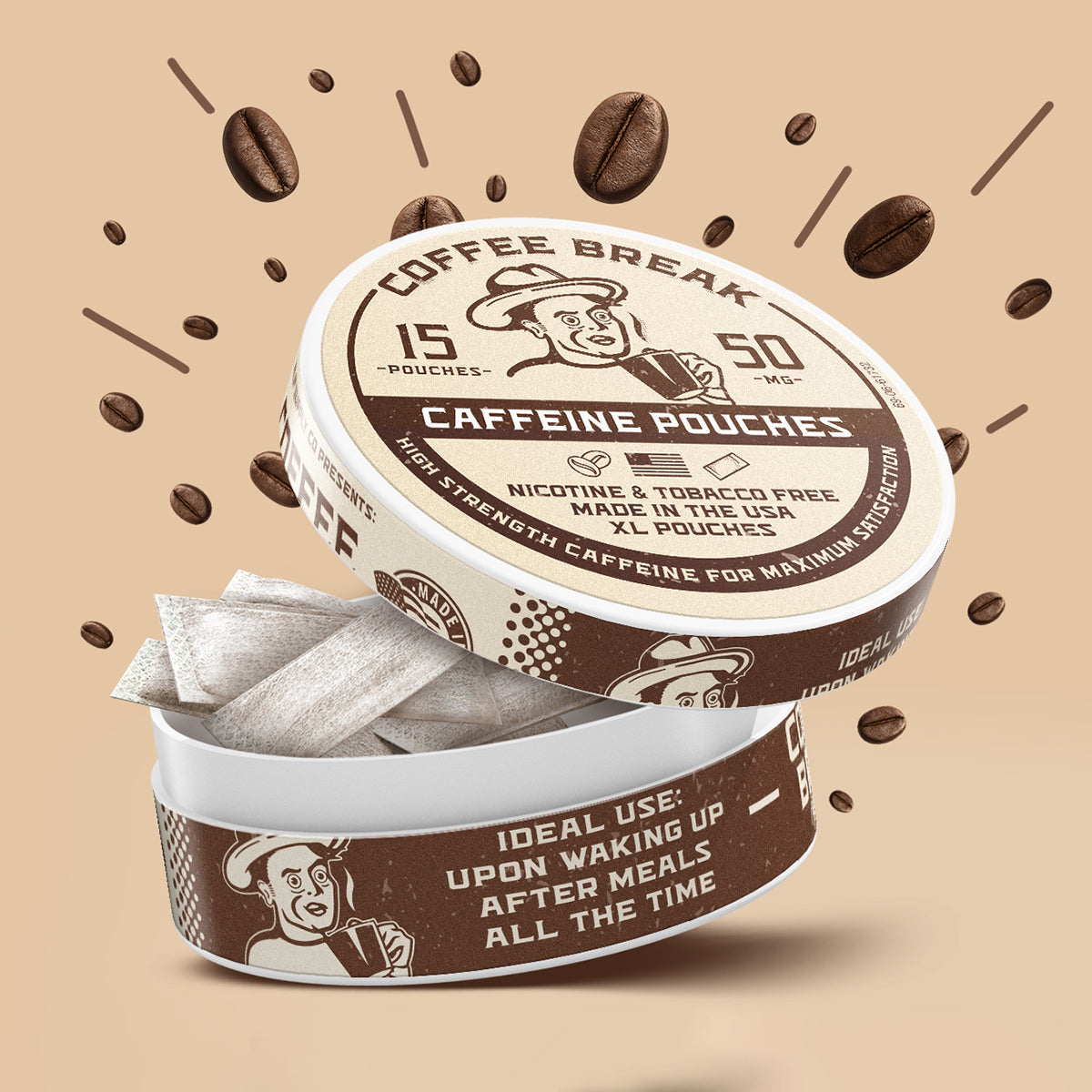 Caffeine nicotine pouch alternative labeled “Coffee Break” with 15 tobacco-free pouches surrounded by floating coffee beans.