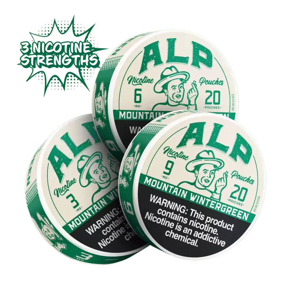 ALP Mountain Wintergreen nicotine pouches in 3 mg, 6 mg, and 9 mg strengths, each can containing 20 pouches