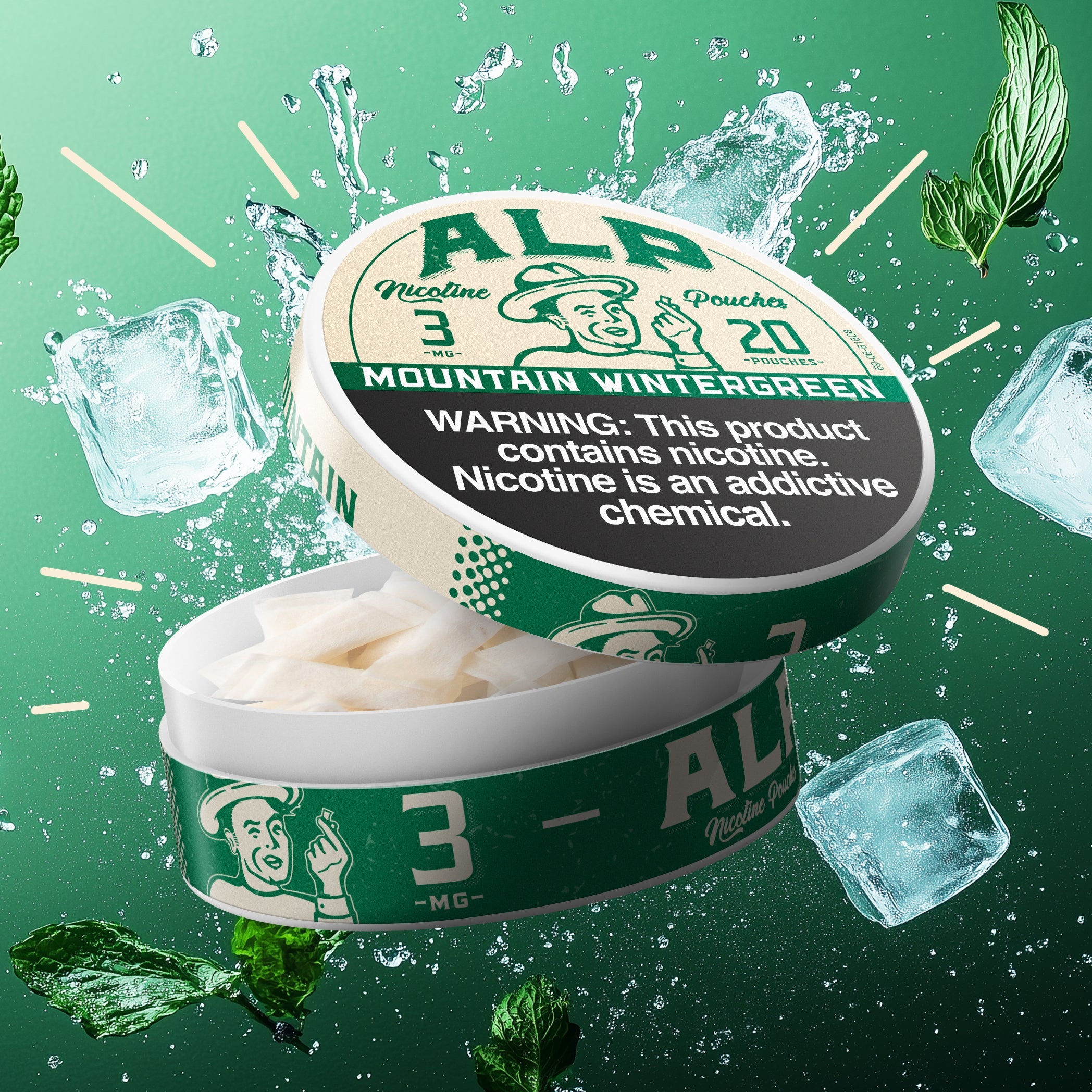 Open tin of ALP Mountain Wintergreen nicotine pouches surrounded by mint leaves and ice, highlighting affordable quality.