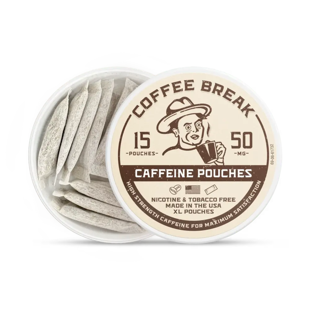 Coffee nicotine pouches in a round white container labeled “Coffee Break” with 15 tobacco-free pouches and 50mg caffeine.