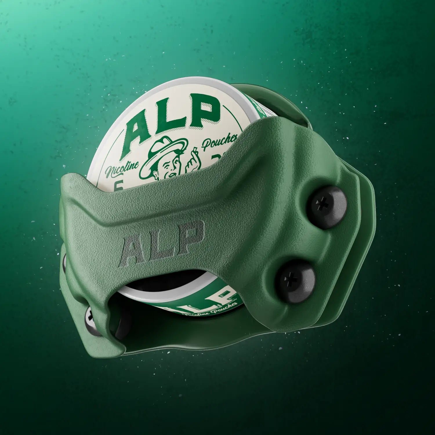 Tobacco-free nicotine pouch canister held in a rugged green ALP-branded tactical holder with black screws and mint label.
