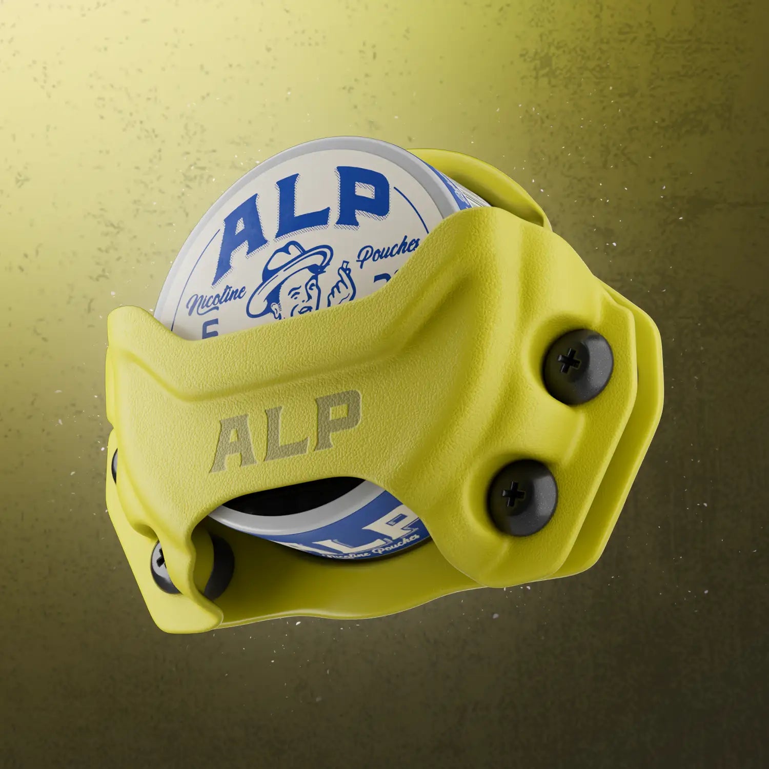 Tobacco-free nicotine pouch canister secured in a rugged yellow ALP-branded plastic holder with black screws.
