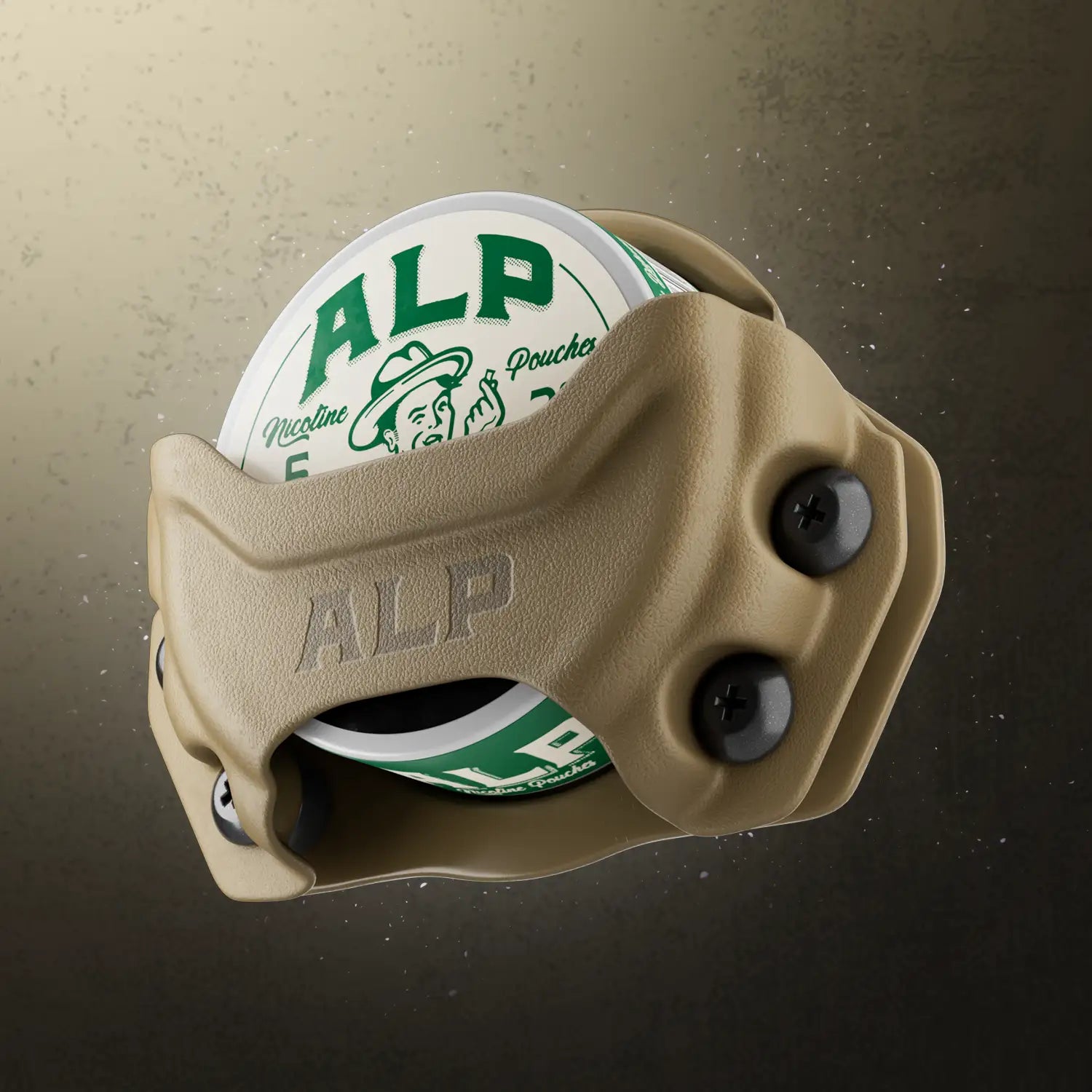 Wintergreen nicotine pouch canister secured in a rugged tan ALP holder with black screws and bold green branding.