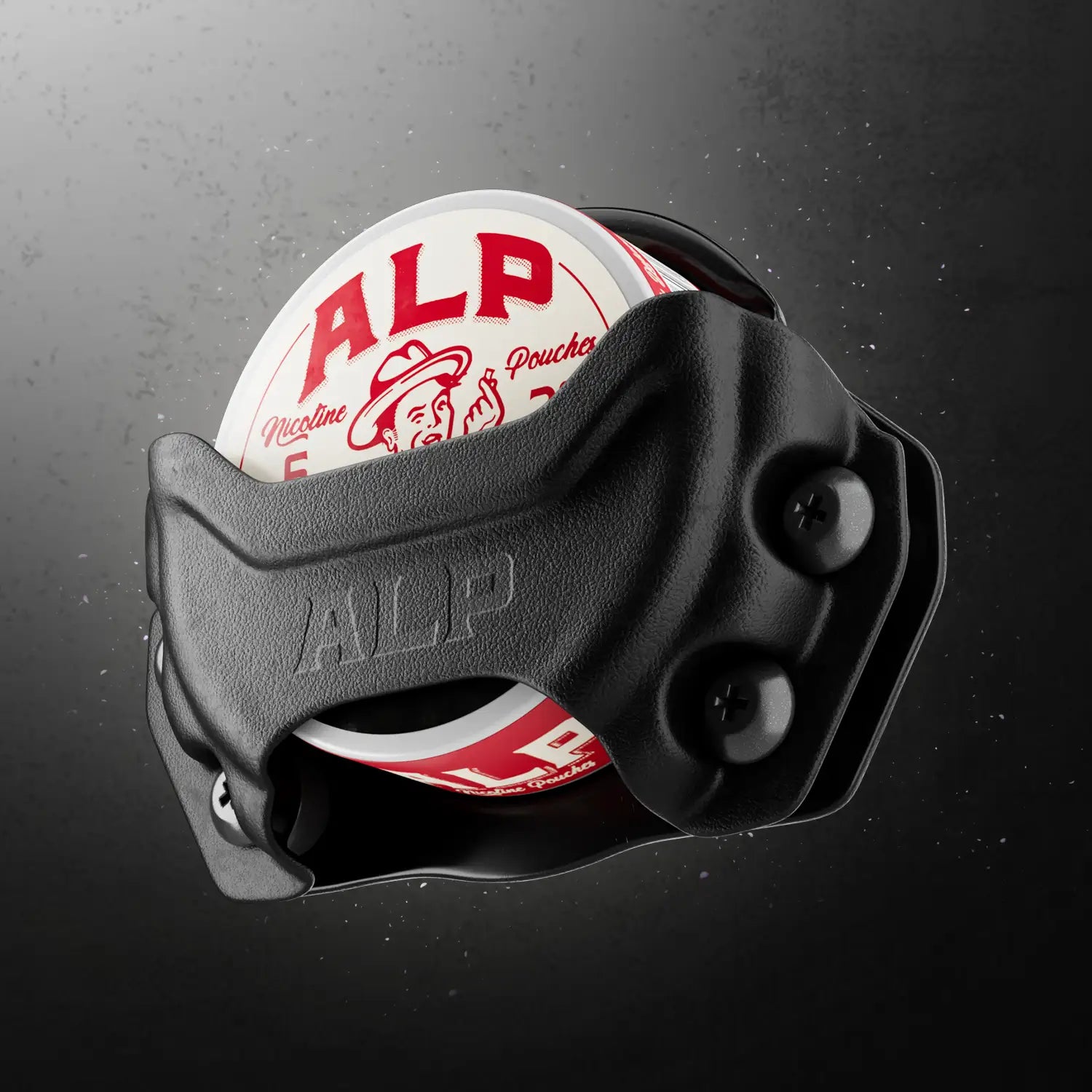 Tobaccoless nicotine pouch canister secured in a rugged black ALP-branded holder with red and white labeling.