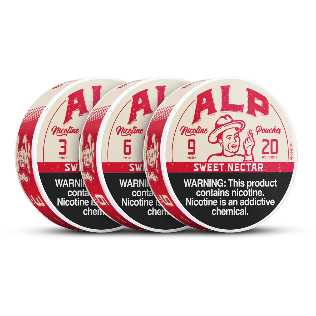 Non-tobacco nicotine pouches in Sweet Nectar flavor available in 3mg, 6mg, and 9mg strengths with ALP branding.
